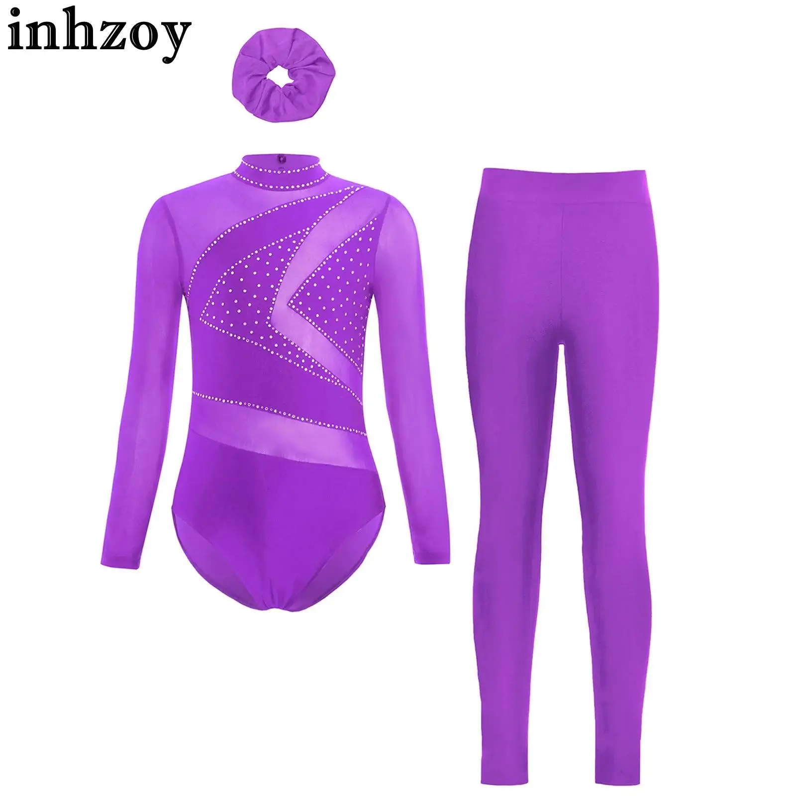 Kids Girls Gymnastics Figure Skating Performance Outfits Sparkly Rhinestone Athletics Leotards with Leggings and Hairband Set