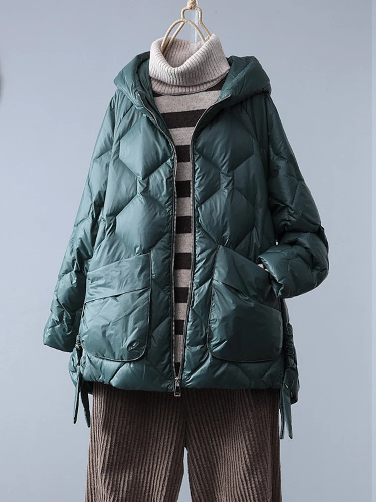 Duck Down Coat Casual Loose Solid Light Down Outwear Female Hooded Zipper Puffer Parka Jacket Winter Women White Women Jacket