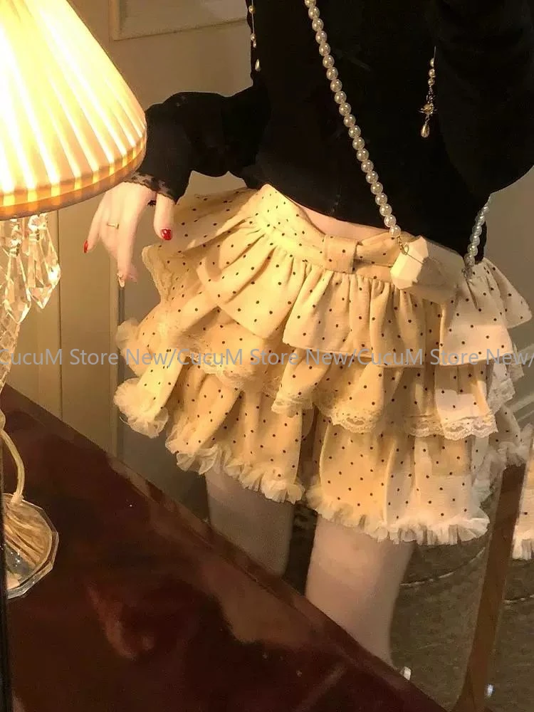 Woman High Waist Polka Dot Lace Bow Cake Skirt Sweet Kawaii Y2k Mini Skirt Lolita Japanese Style Fashion Skirt Autumn Winter