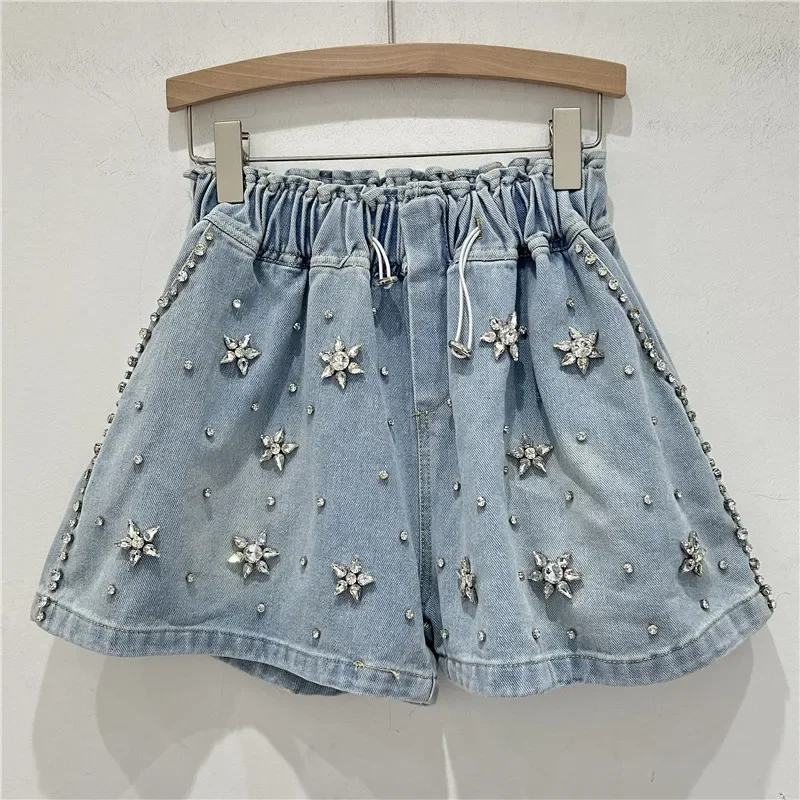 Women Jeans Denim Shorts High Waist Sexy Loose Fit Zipper Fly Diamonds Summer 2026 Washed Pockets Distressed Casual Basics