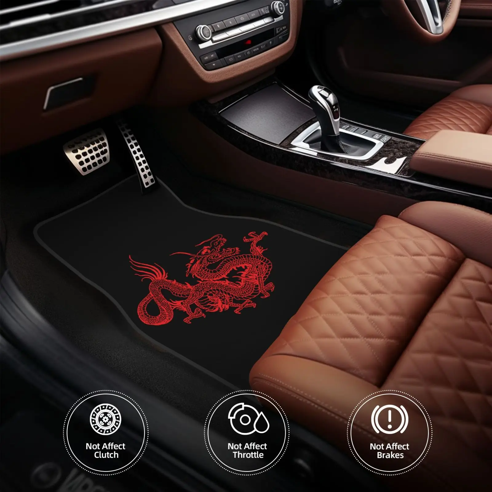 Red Chinese Dragon Pattern Printed Car Floor Mat Set of 4 Pieces Water-resistant Car Floor Mats Accessory Suitable for All Cars