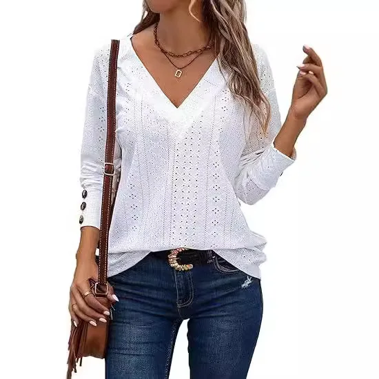Women's Spring Blouses 2024 New Simple Comfortable Long Sleeve V-neck Casual T-Shirts For Women Clothing Fashion Pullover Tops