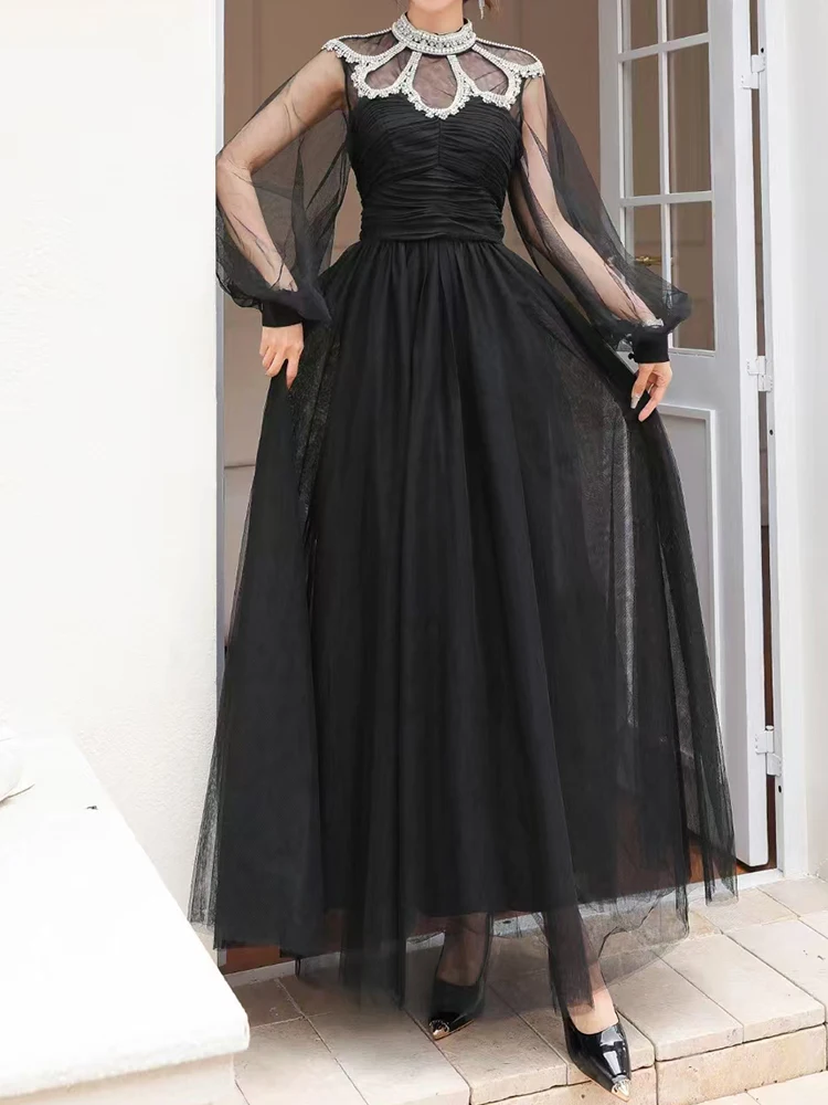 

Designer's heavy craft beaded diamond high neck drop pleat high waist dress 2024 fall women's new dress loose gauze Shag skirt