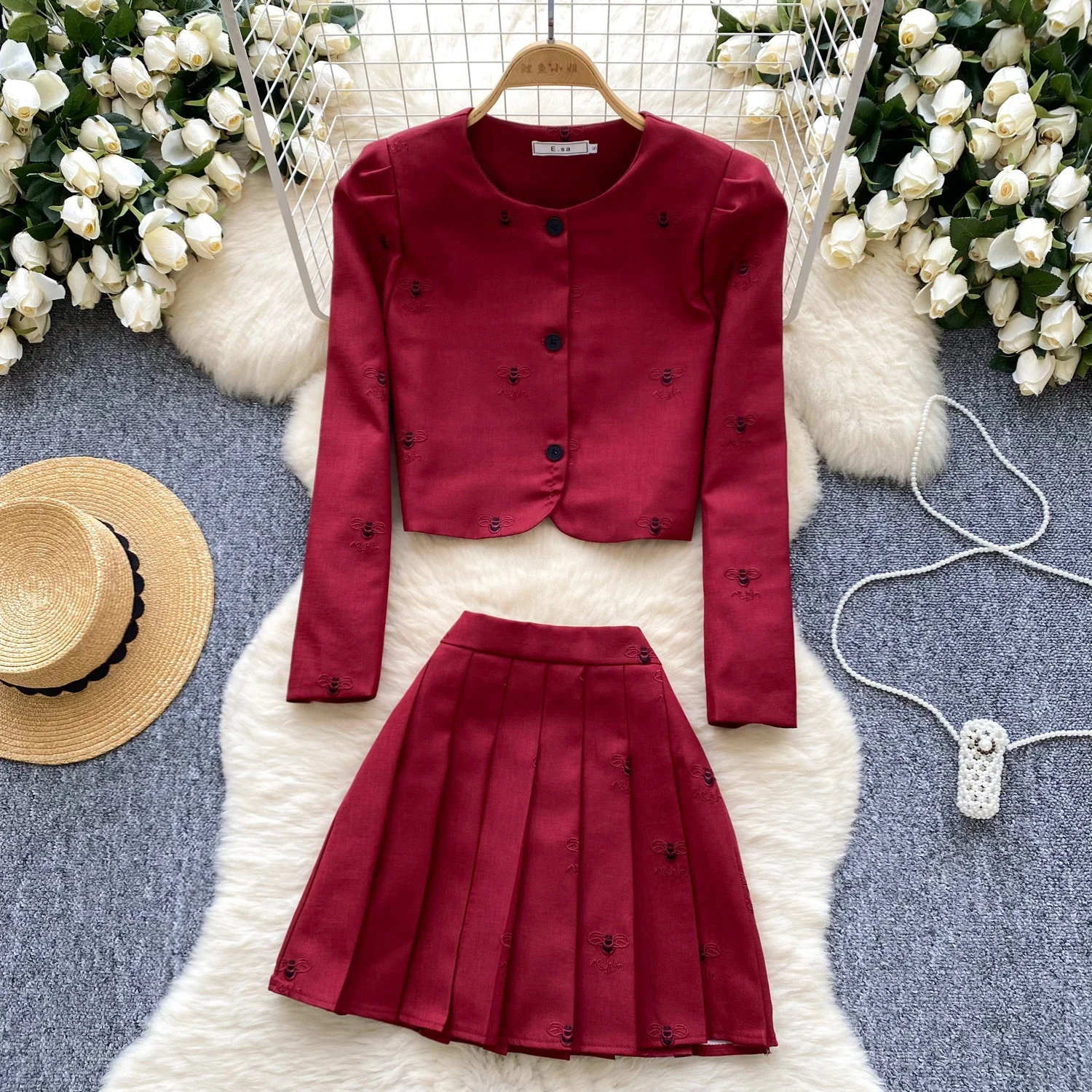 Chic Two-piece Sets Slim O-neck Embroidered Single Breasted Top Vintage Slim Basics A-line Skirt Autumn Winter Korean Clothing