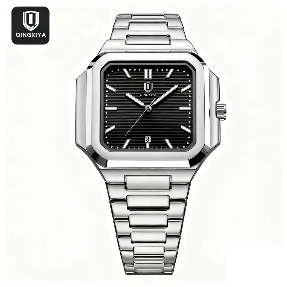 

QINGXIYA новые модные квадратные часы, роскошные мужские кварцевые часы из нержавеющей стали, светящиеся водонепроницаемые часы с календарем, часы высокого качества