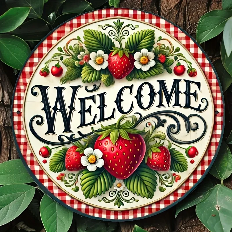 2D Flat - 1pc Vintage Strawberry Welcome Round Metal Sign - 19.81cm Iron Wall Art with Red & White Checkered Border, Perfect for