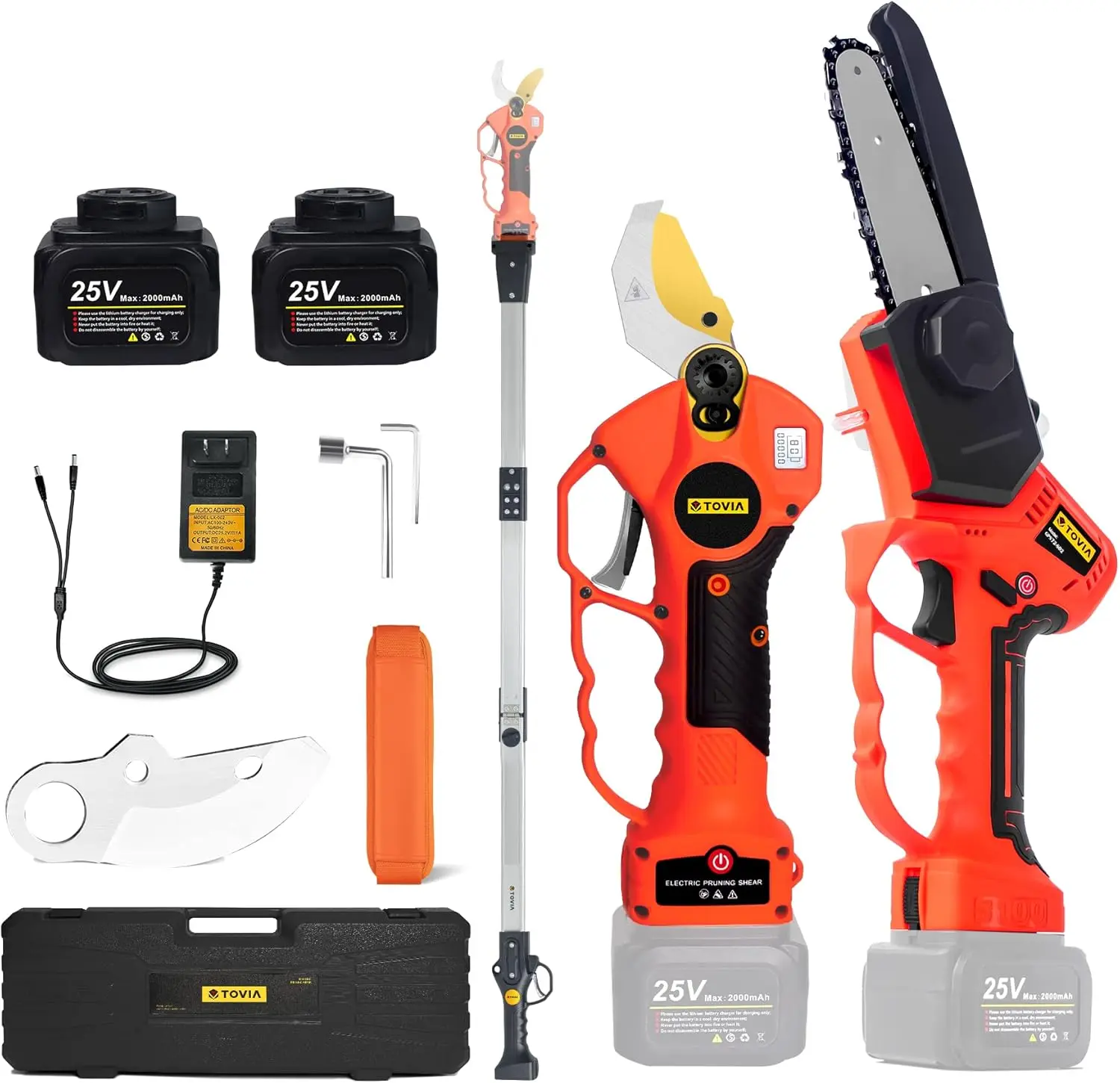 Electric Pruner with 7.5 Foot High Reach Extension Pole, Tool Belt, 2 Pack Lithium Batteries, SK5 Blades,