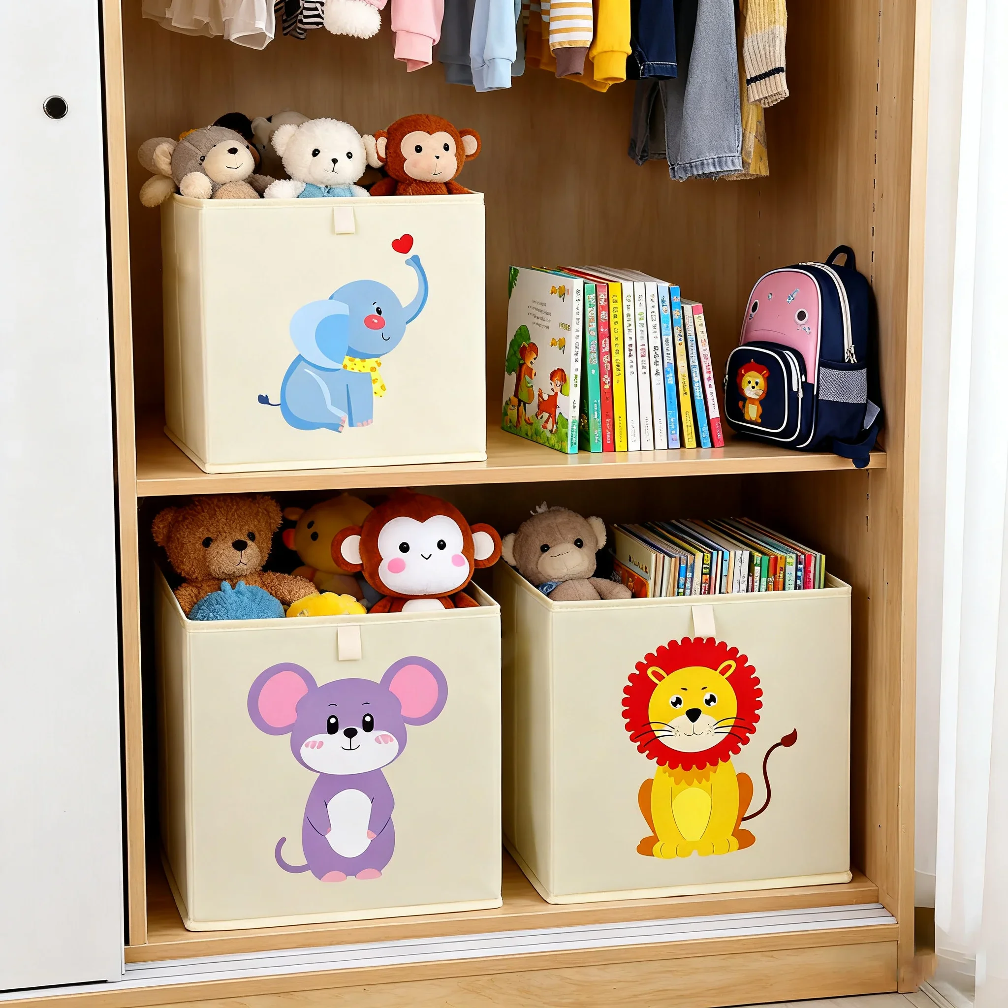 Cute Cartoon Kids Storage Basket Toy Organizer Box for Nursery Kindergarten Bedroom Playroom Living Room Clothes Books Storage