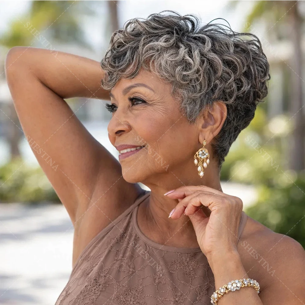 

Soul Lady Instant Salt & Pepper Edgy Pixie Cut Tangle-Free Wig Natural Wave Human Hair Glueless 4x1 HD Transparent Lace Part Wig