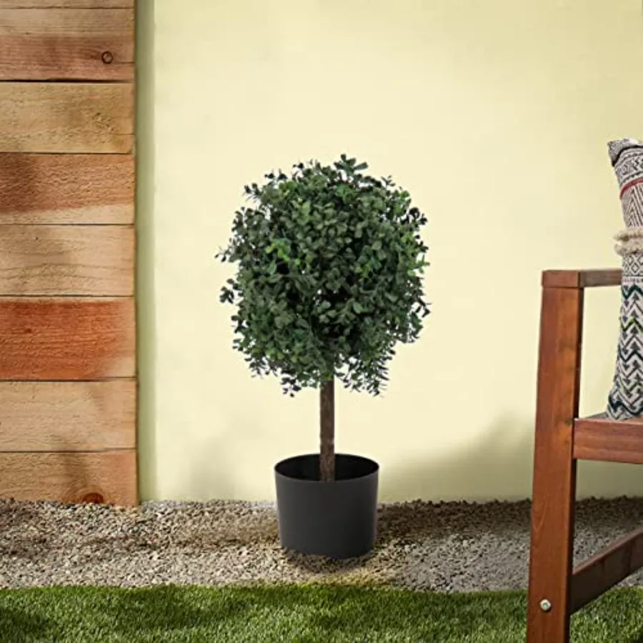 2 ft Artificial Boxwood Single Ball Topiary for Indoor Outdoor Use, Premium PE Plastic Green Foliage, Black Nursery Pot, Lifeli