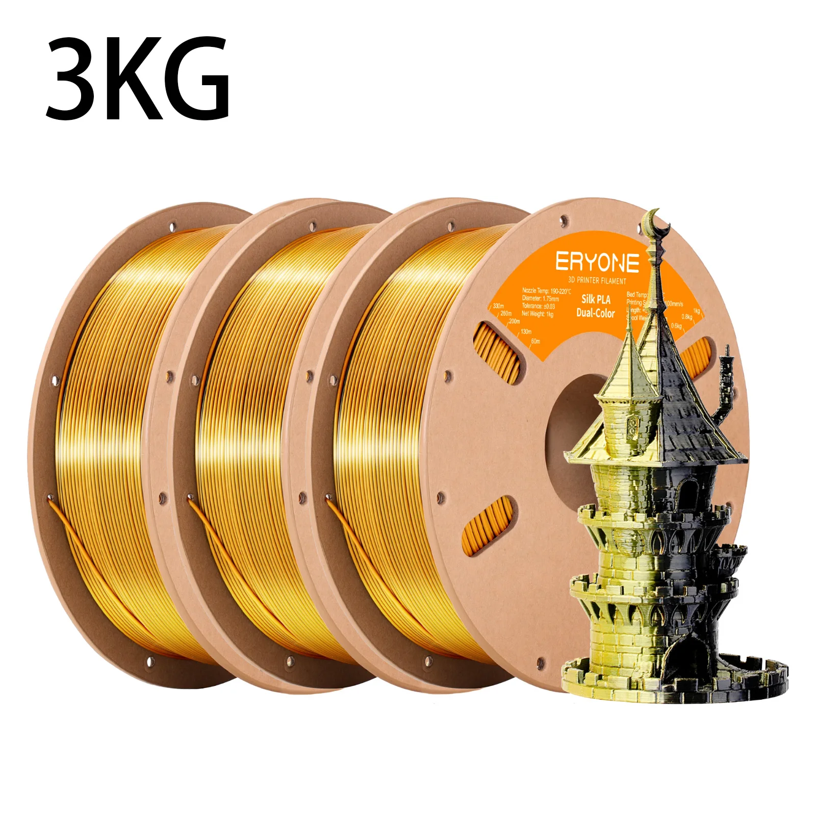 ERYONE 3KG PLA Dual Color Silk PLA Filament Compatibel met FDM 3D-printers 1KG 1,75 mm ±0,03 mm Perfecte spoelwikkeling 1kg spoel