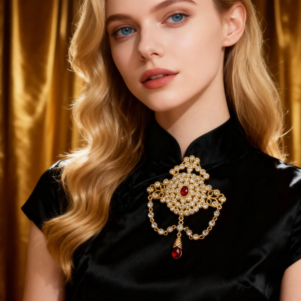 Chic Women's Brooch Moroccan Wedding Jewelry Flower Chain Algerian Robe Brooch Pin Full Crystal Bridal Jewelry Lapel Pins
