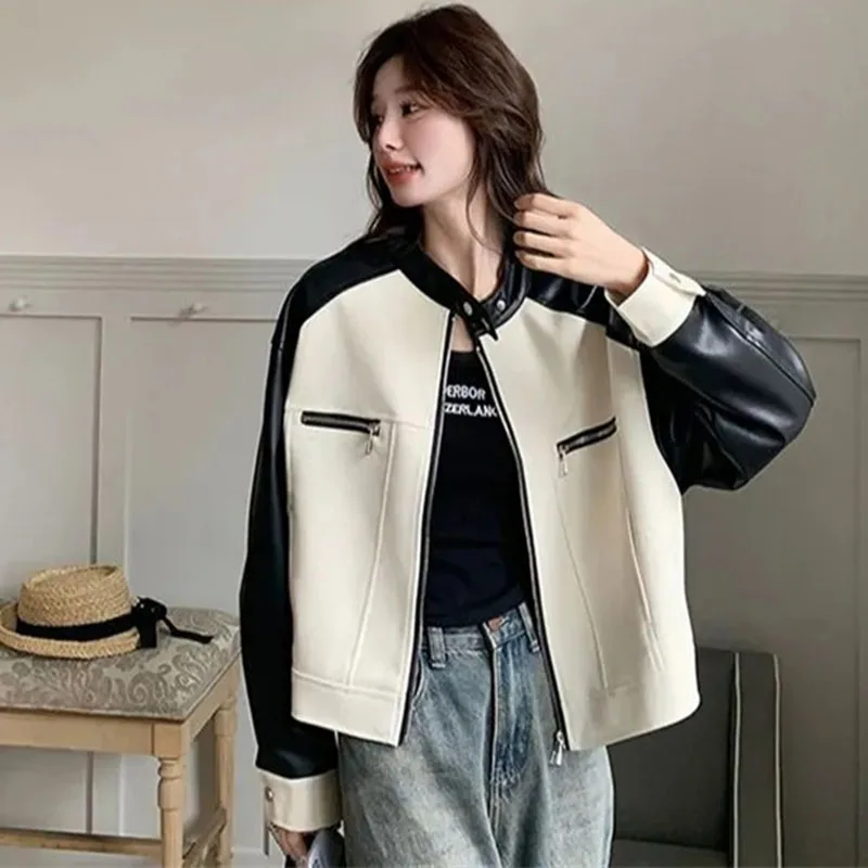 ربيع الخريف السيدات المرقعة بولي معطف معطف جلد ريترو المرأة موضة فو الجلود أبلى 2025 فام الترفيه المرقعة القمم سترة