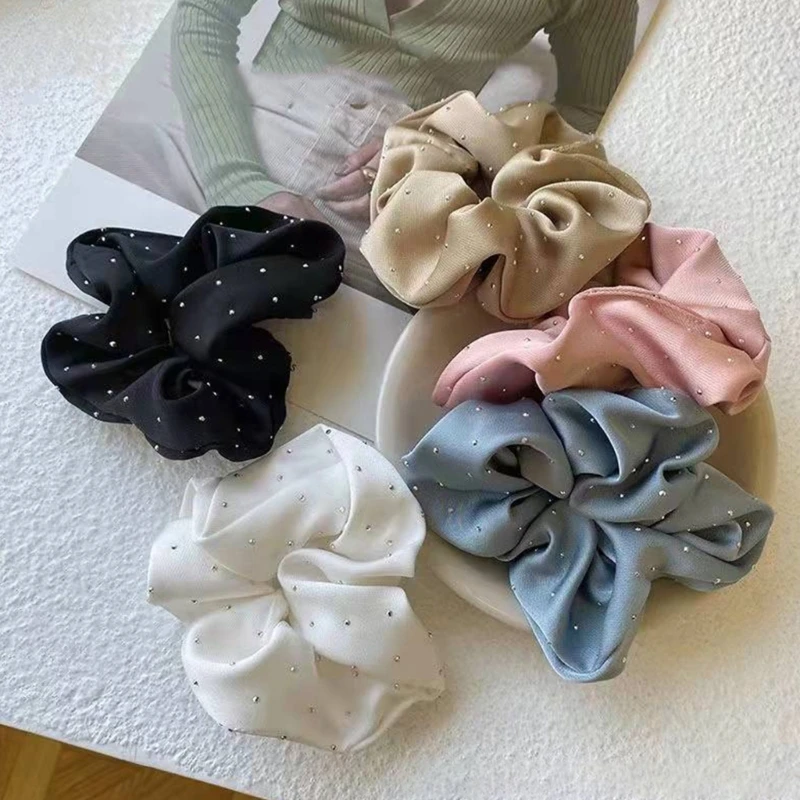 

3PCS Hair Scrunchies with Rhinestones and Pleated Detail Ponytail Holder Fashion Hair Accessories for Daily Use H7EF