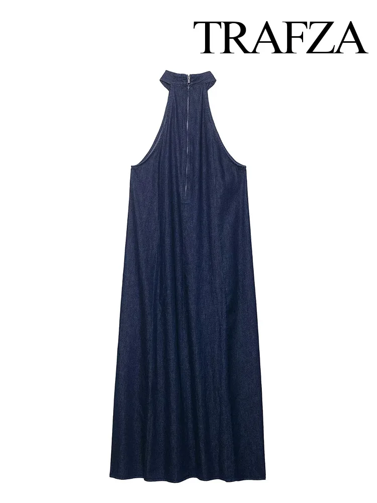 

TRAFZA Woman Elegant Pleated Denim Hanging Neck Collar Long Dress Zipper Fashion Female Summer Sleeveless Solid Dresses Trendy