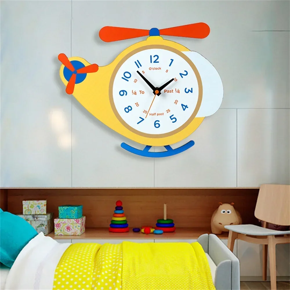 Lovely Cartoon Helicopter UFO Swing Wall Clock Boy Room Wooden Decorative Creative Pendulum Animal Clock For Children Kids Gifts