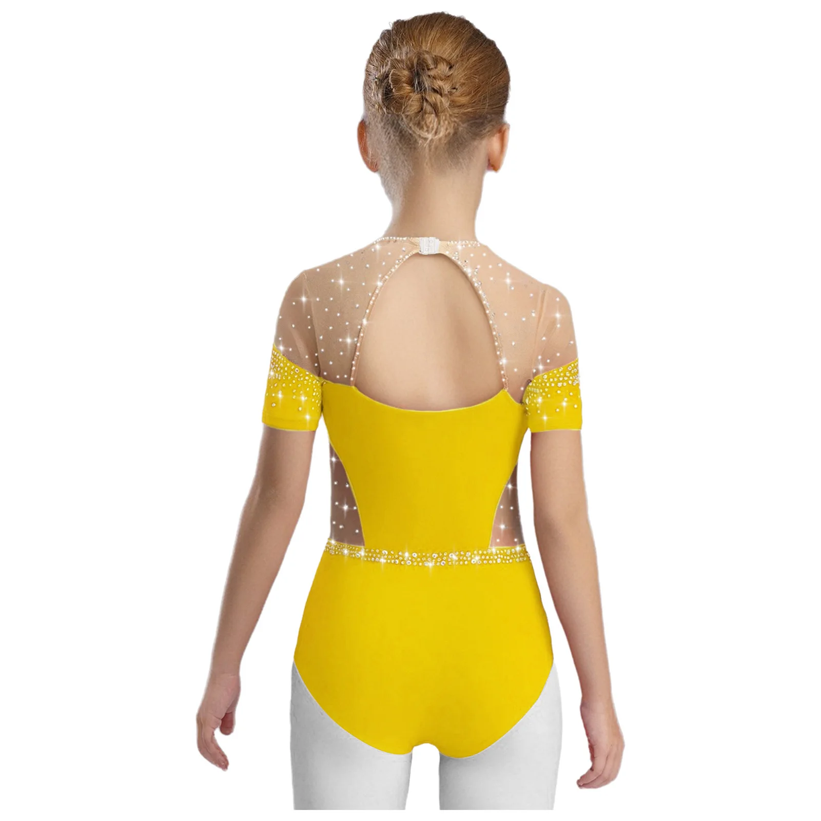 Teen Girls Ballet Dance Leotards Gymnastics Figure Skating Performance Dancewear Rhinestones Short Sleeve Sheer Mesh Bodysuit