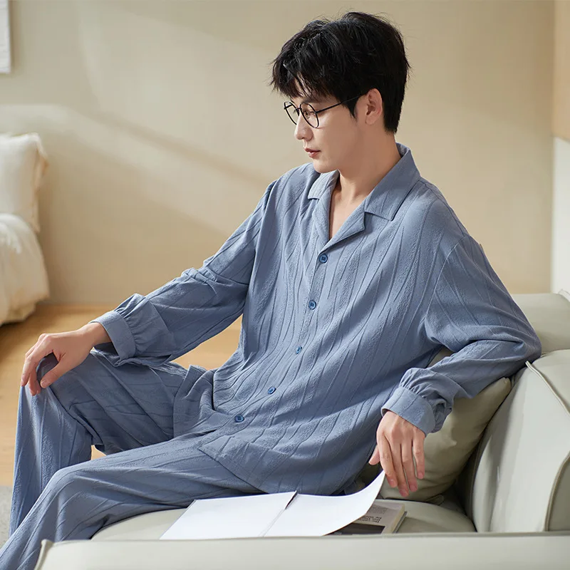 cardigan-long-en-pur-coton-pour-hommes-ouvert-pantalon-fin-ample-grande-taille-vetements-de-maison-marque-gp-saison-d'automne