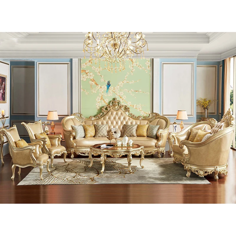 For Luxury European Design French Style Sofa Sets Living Room Sofa Carving Wood Frame Leather