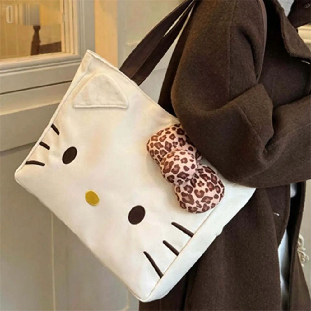 Hello Kitty Leopard print 3D Shoulder Bag Large Capacity Canvas Embroidered Girl Cute Bag