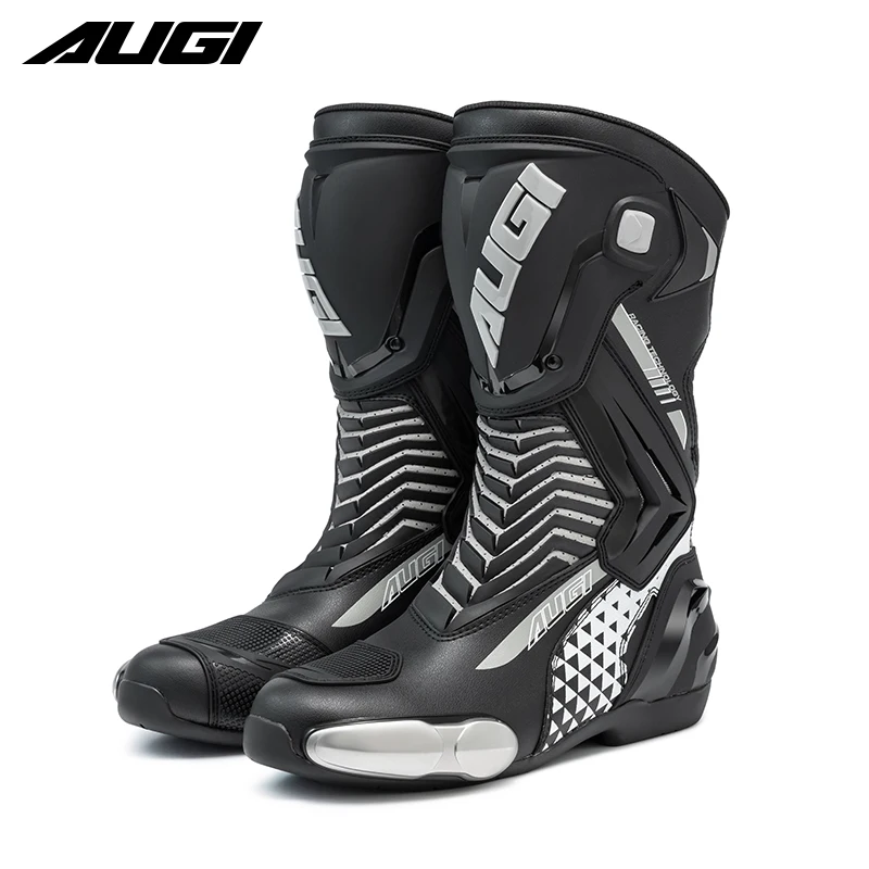 AUGI Boots for Motorcyclist Man Track Boots Racing Fall Resistant Breathable Motorcycle Boots Summer Sports Leather Shoes