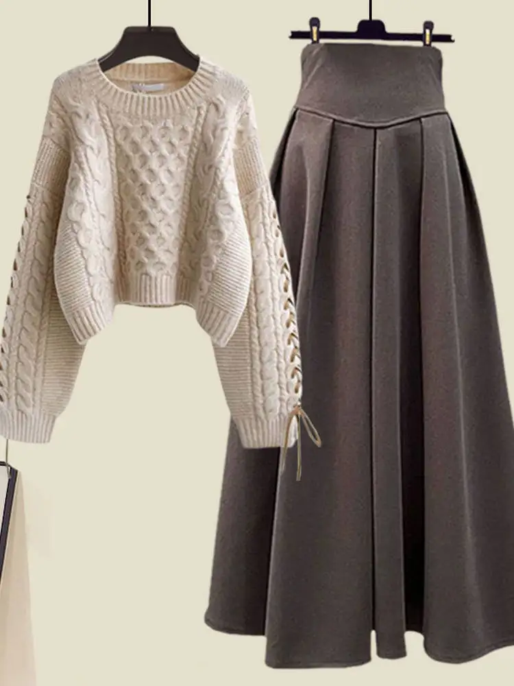 Automne 2025 paresseux Sle doux minceur tricoté pull femmes taille haute f jupe deux pièces ensemble Faionable tenue décontracté