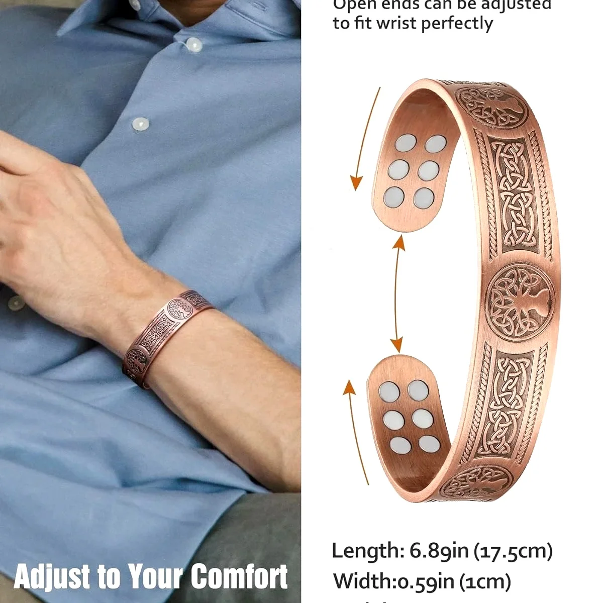 Adjustable Pure Copper Bracelet with 3500 Gauss Neodymium Magnets Ultra Strength Magnetic Cuff Bangle for Men And Women 99.99% Copper Life Tree Jewelry