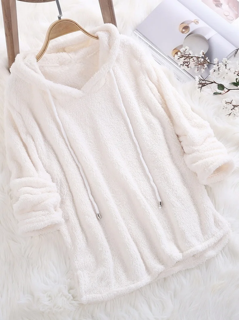 2024 Autumn and Winter Solid Colour Long Sleeve Hooded Fur Double-sided Velvet Plush Sweater Pajamas-Style Fashion Warm Clothes