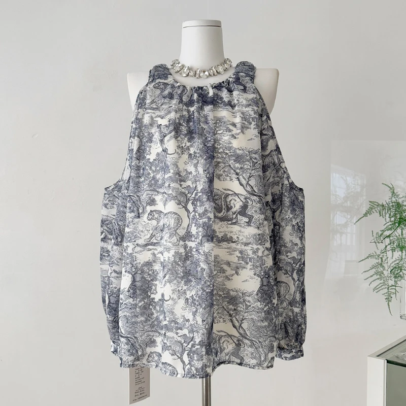 

Floral Printed Long Sleeve Shirts Off-the-shoulder Loose Casual Elegant Blouse Zipper Elegant Tops Blouse