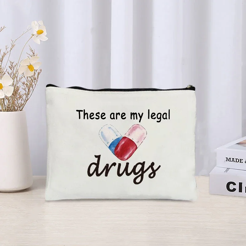 Drugs Print Makeup Bag Organizer Zipper Medicine Pouch Travel Sundries Office Supplies Storage Pencil Case Fun Gift Canvas Bags