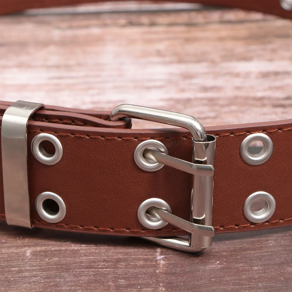 

Ремень в стиле панк из ПУ-кожи с двойными рядами отверстий, простой и прочный пояс для мужчин и женщин, кофейного цвета, для повседневной носки, работы, свиданий, в стиле панк.