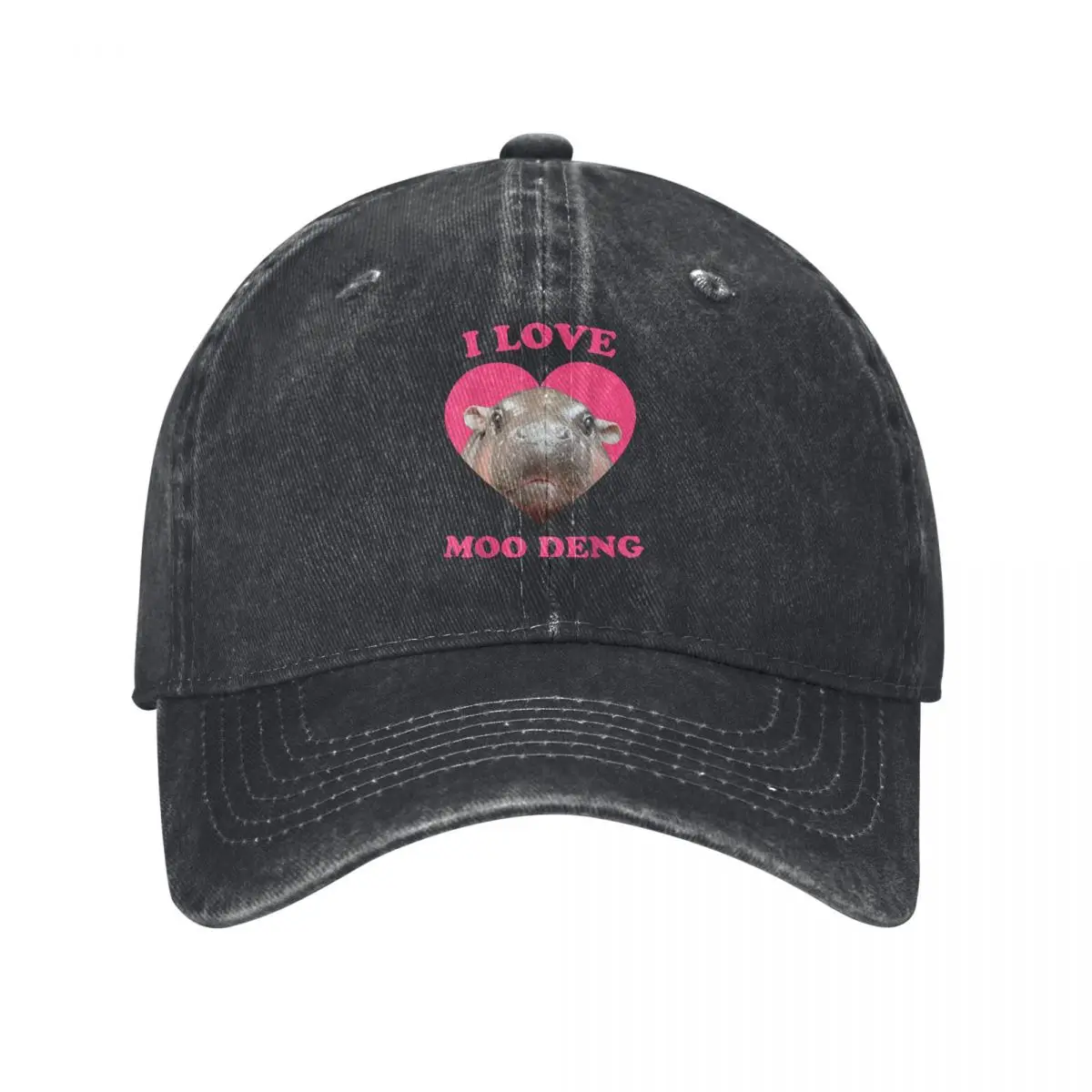 I Love Moo Deng Famous Baby Pigmy Hippo Unisex Baseball Cap Distressed Cotton Cap Outdoor Activities Adjustable Fit Snapback Cap