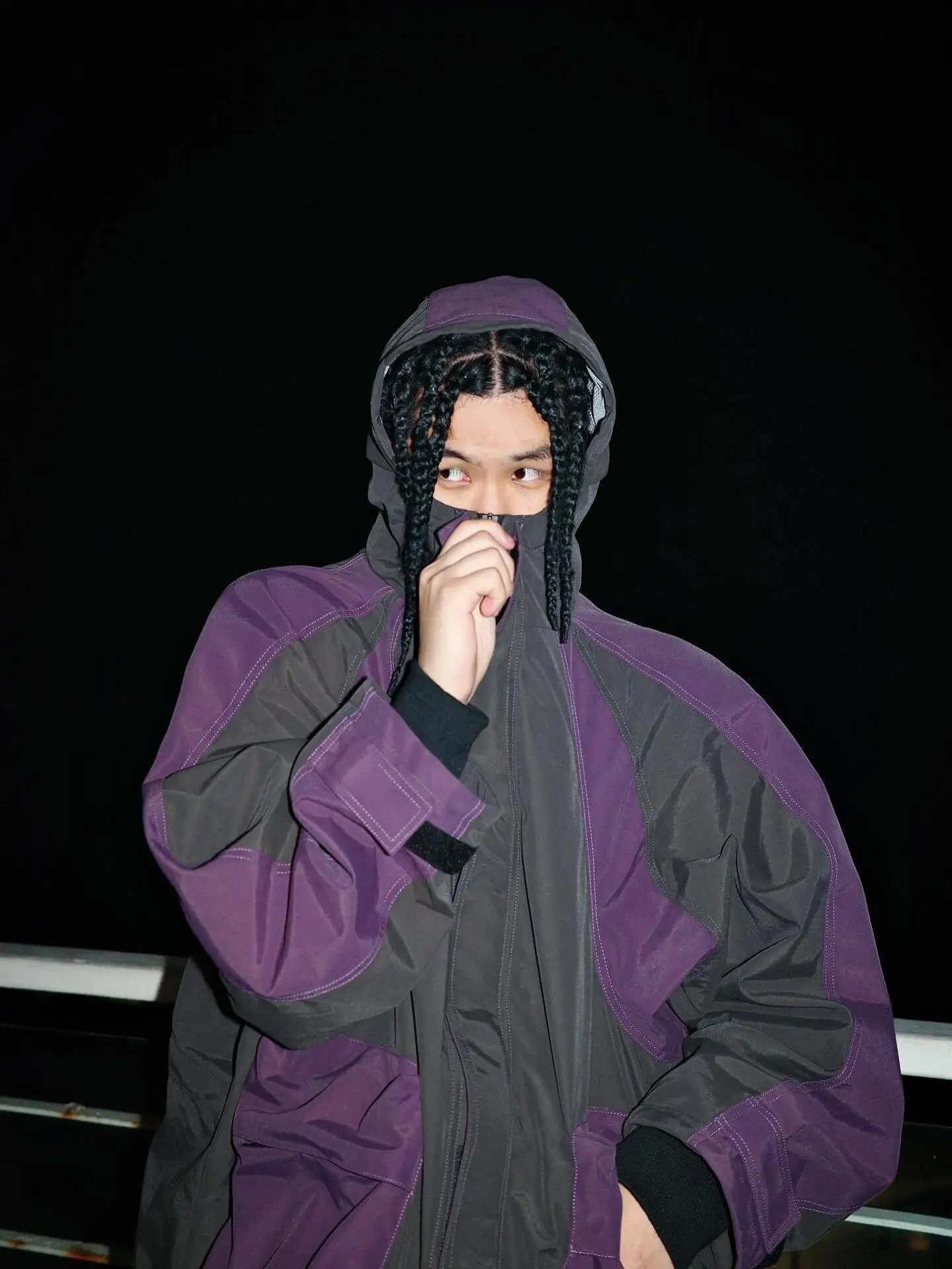 

Ailz Fugui Men's Windbreaker Jaet Purple ey Splice Anti-Wind High Street American Vibe Coat Youth Casual Long Sve Zipper