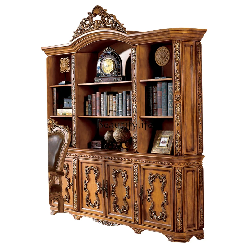 European solid wood four-door bookcase, American rural carved classical decorative cabinet
