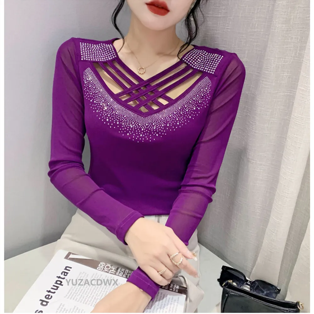 2025 nouveau T-Shirt femme Chic croix évider diamants chauds à manches longues maille hauts mode femme tout Match t-shirts automne