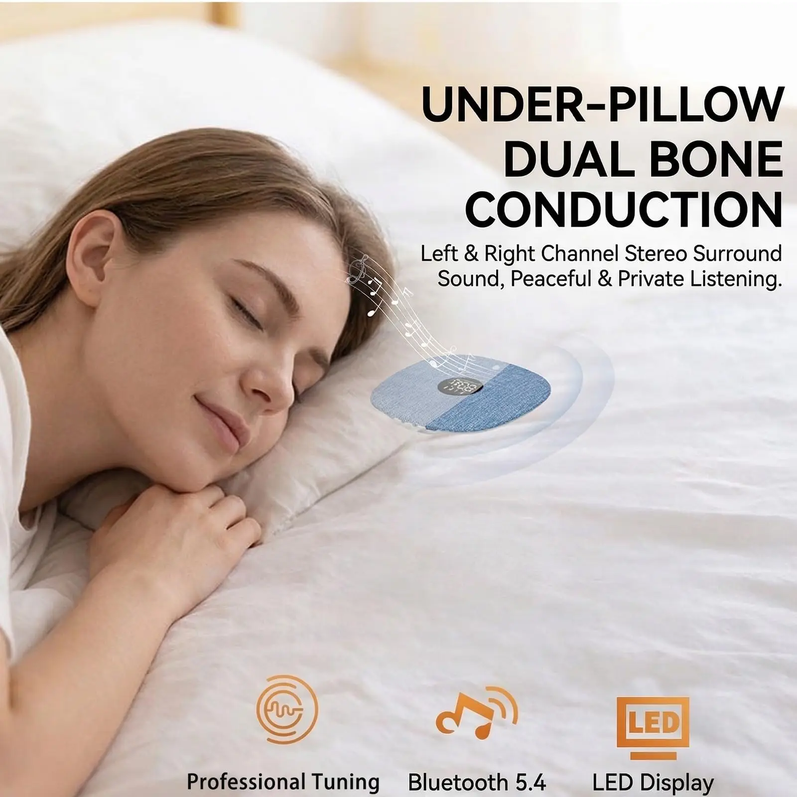Bone Conduction under Pillow Speaker Sleep-Friendly with Auto-Off Timer LED Display Dual Stereo Sound TF Card Support