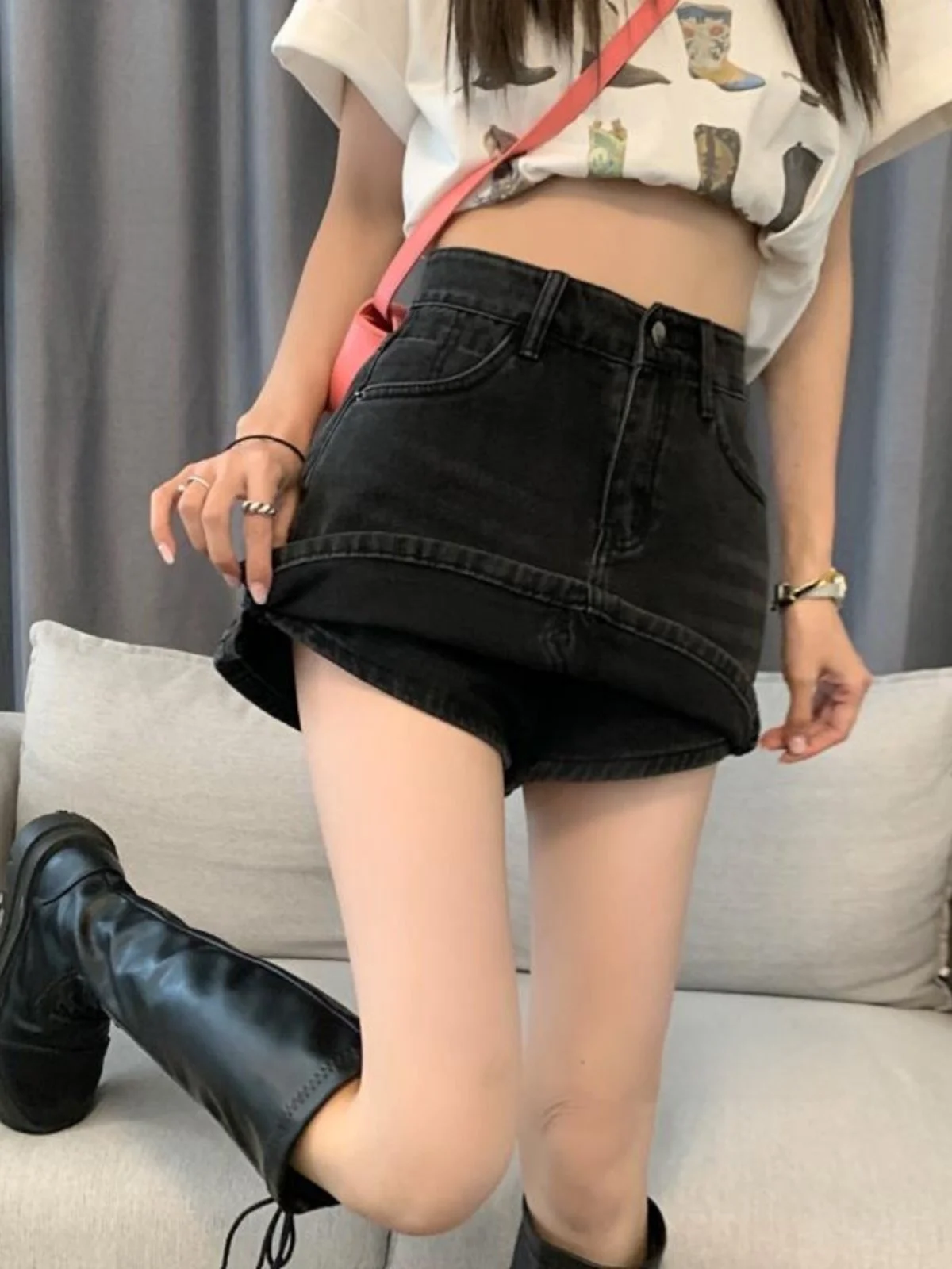 

High Waist Bla Denim Skirt Women's A-Line f Skirt Casual Sle Teen Girl Ci Commute Leather Fabric Stand Fit