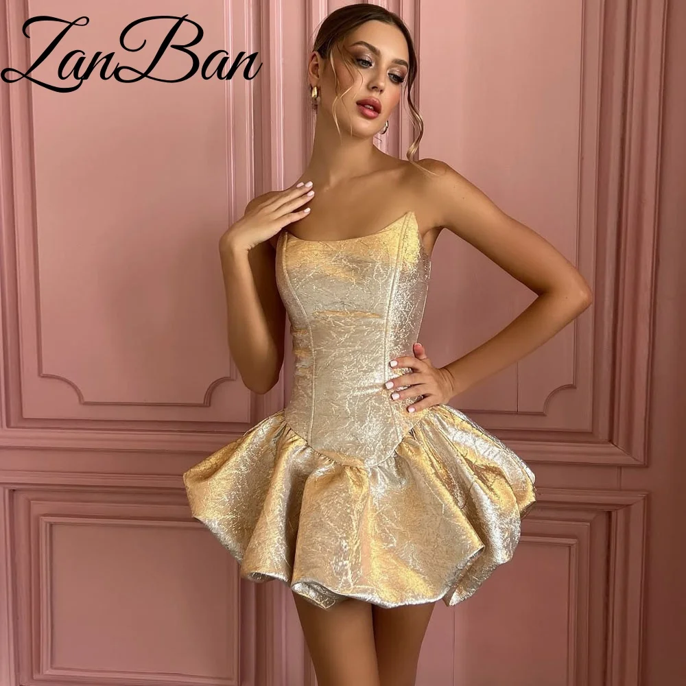 ZanBan 2026 New Strapless Short A-line Prom Gown Pleat Cocktail Dress Sleeveless Jacquard Pleat فساتين سهرة Customized