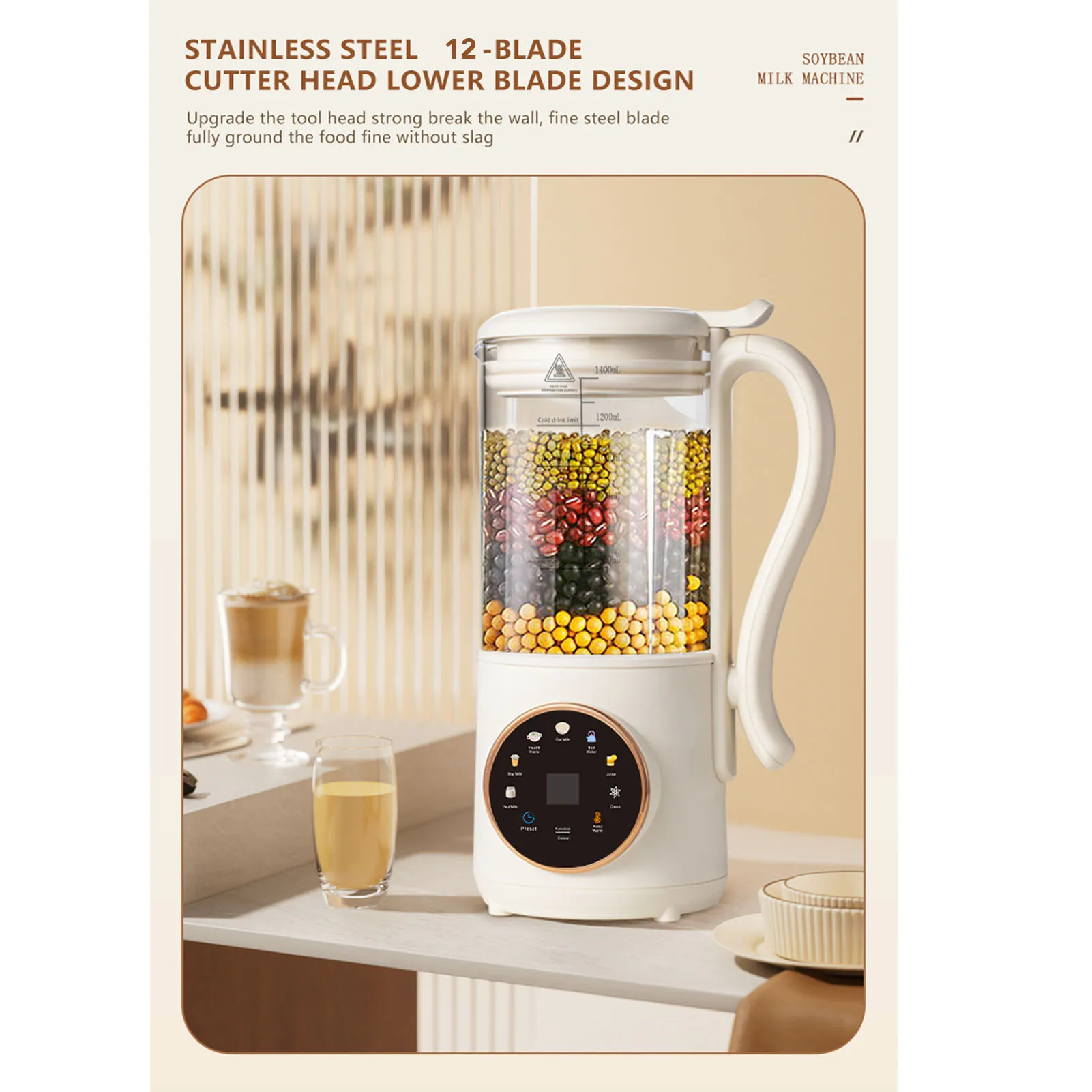 Automatic Soy Milk Machine Soy Milk Maker Insulation Self Cleaning 1.4L Multi Functional with Timing Function for Homemade Milk