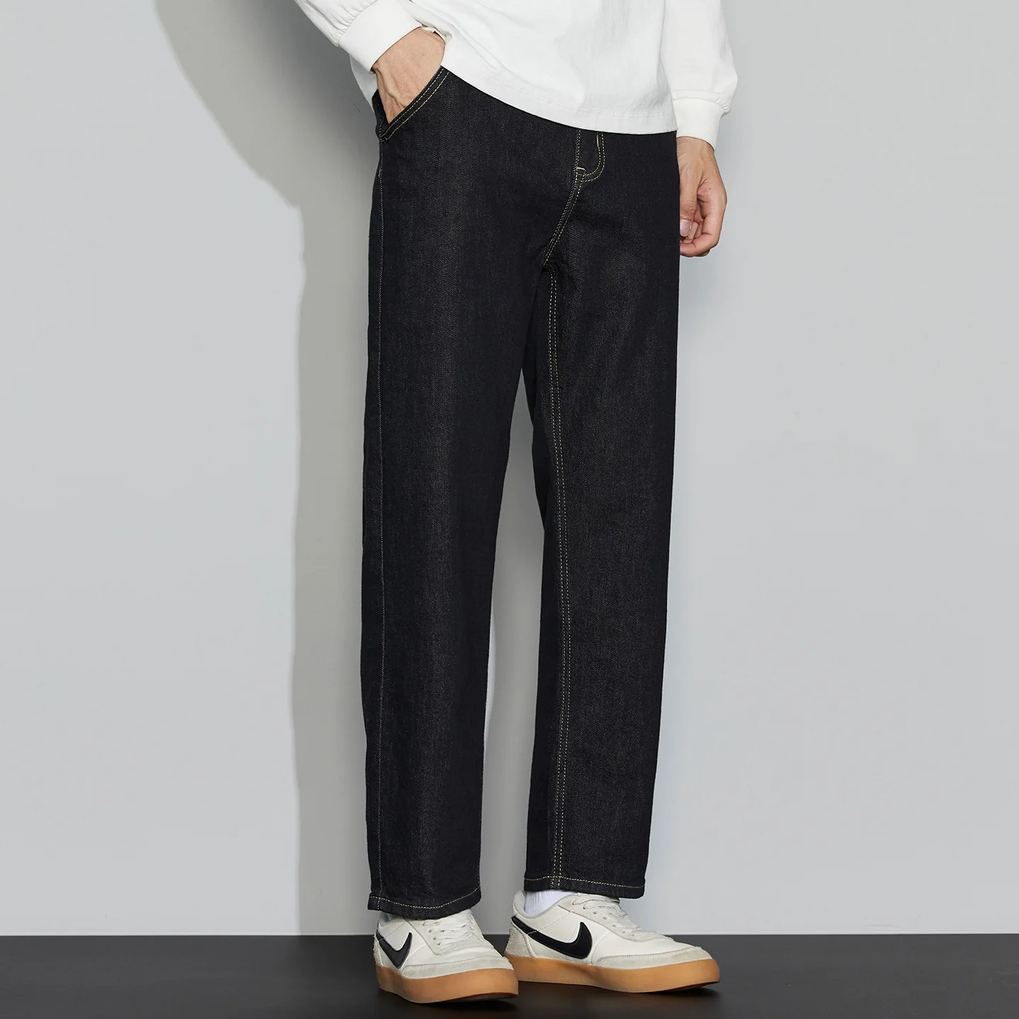Fade-Resistant Cotton Loose Straight 9/10 Length Jeans Men's Trendy Casual Denim Trousers