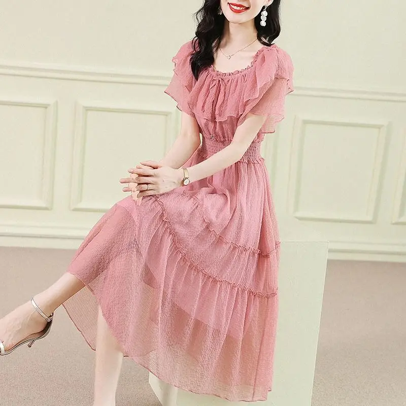 

Sweet Ruffles Spliced Dresses Summer A-Line High Waist Shirring Elastic Women's Clothing Short Sleeve Chic Drawstring Midi Dress