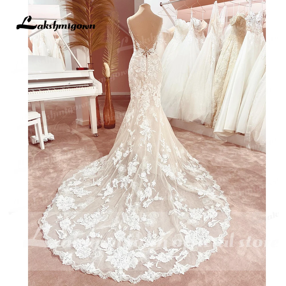Lakshmigown Spaghettiträger Blumenspitze Meerjungfrauen-Hochzeitskleid Vestido Novia V-Ausschnitt Ziviles Brautkleid Boho Hochzeitskleider Maßanfertigung – Detail 6