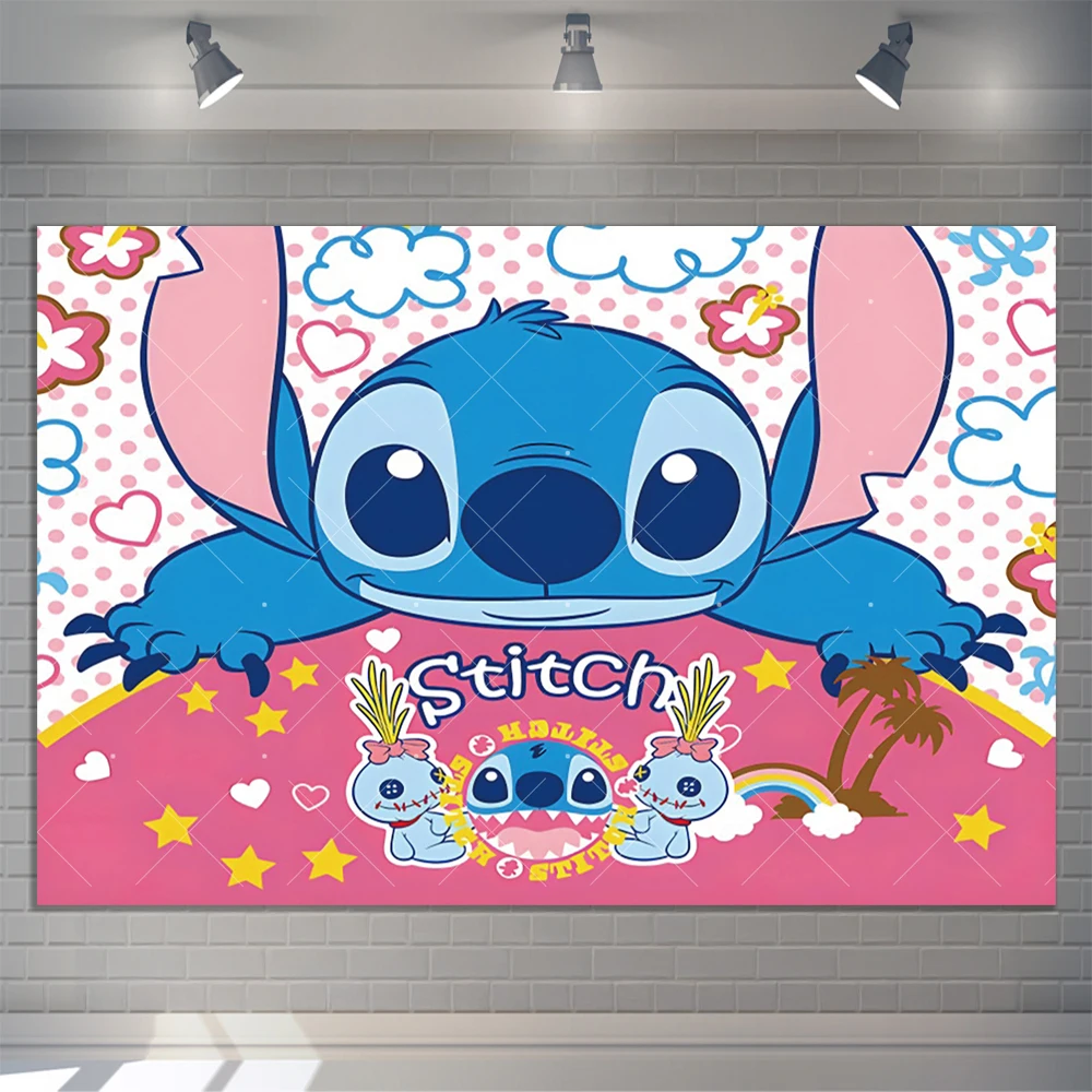 Disney Stitch Merry Christmas Photography Backdrop Customized Children's Birthday Gift Party Baby Shower Banner Decoration Props