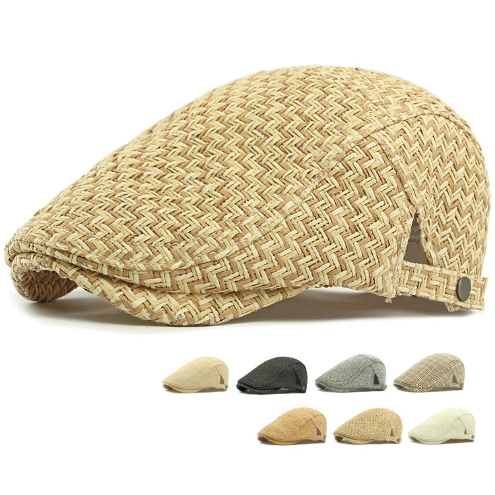 

HT4831 Mens Berets Women Spring Summer Sun Cap Breathable Straw Beret Hat Male Female Adjustable Ivy Flat Cap Vintage Beret Caps