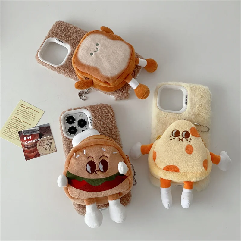 Korean Cute Plush Phone Case For iPhone 15 16 13 14 Pro Max Cover with Cartoon Hamburger Purse Wallet Kawaii Fluffy Cases 16pro