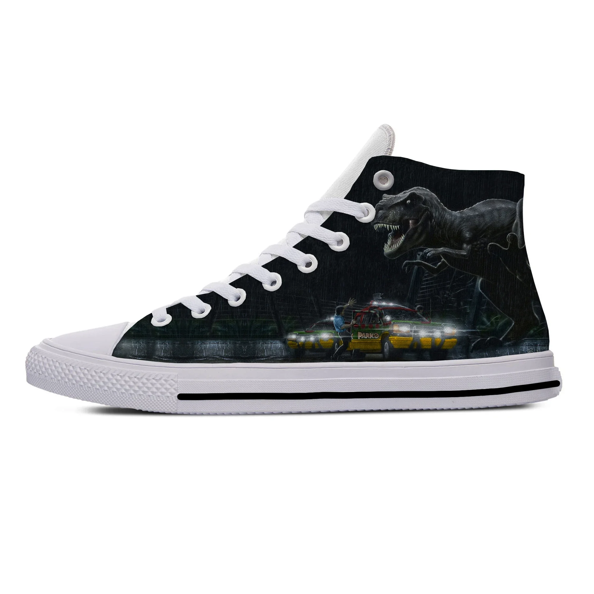 Hot Summer Jurassic Park Movie Dinosaur Anime Cartoon Funny Casual Cloth Shoes Sneakers High Top Men Women Classic Board Shoes