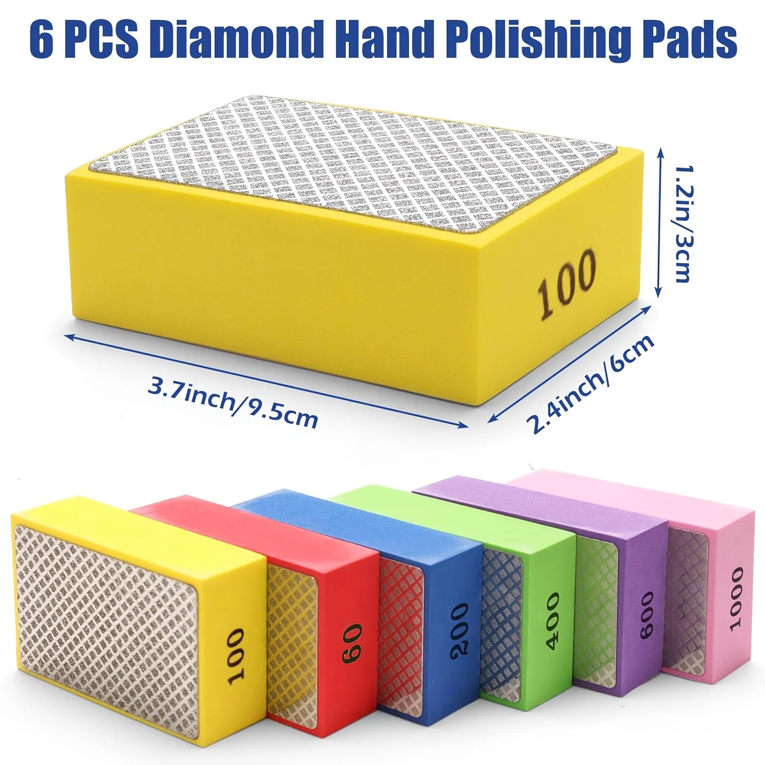 6pcs Diamond Hand Polishing Pads for Ceramic Tile Glass Grinding,Sanding Blocks Polishing 60#,100#,200#,400#,600#1000#