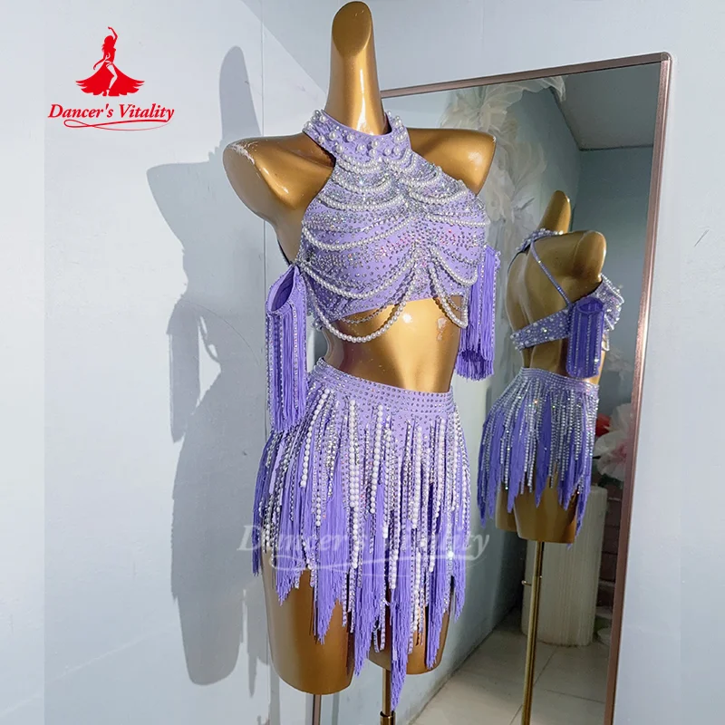 Latin Dance Performance Outfit Customized Exquisite Pearl Tassel Set Adult and Child Tango ChaCha Samba Competition Clothing