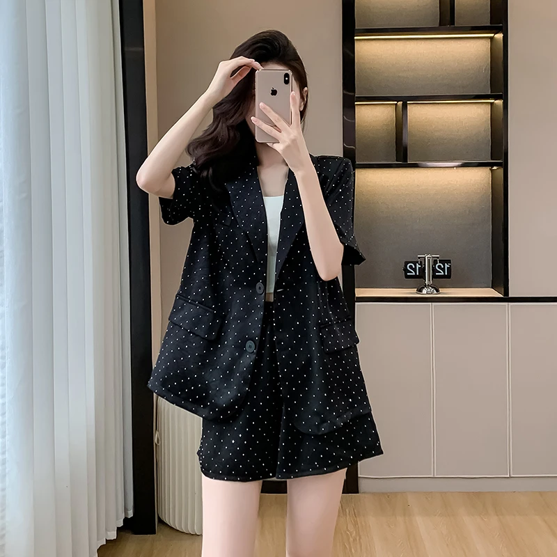 Summer New Heavy Craft Full Sky Star Diamond Thin Sunscreen Suit Coat+High Waist Casual Shorts Two Piece Set