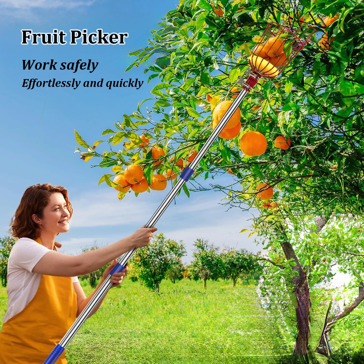 Cage-shaped Fruit Picker Stainless Steel Fruit Picker Pole Tool Adjustable 1.6m-4m Picking Tools for Apple Orange Avocado Picker